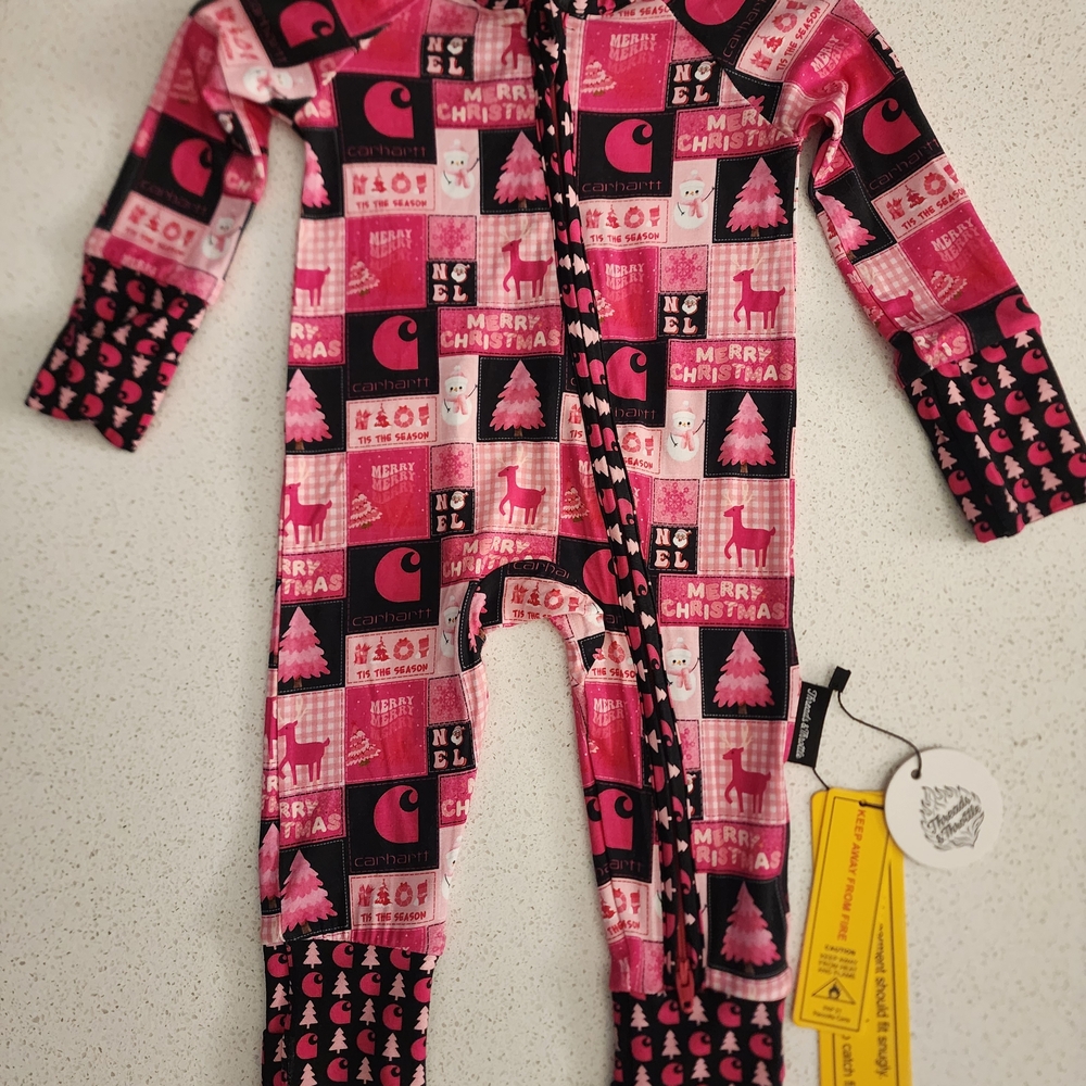 Girls Christmas Pink And Black Bamboo Pajama - Convertable Hands And Feet Romper